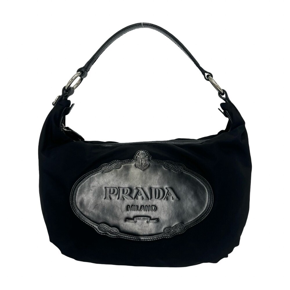 PRADA logo engraved Tessuto Pocono nylon patent leather one-shoulder bag hand...
